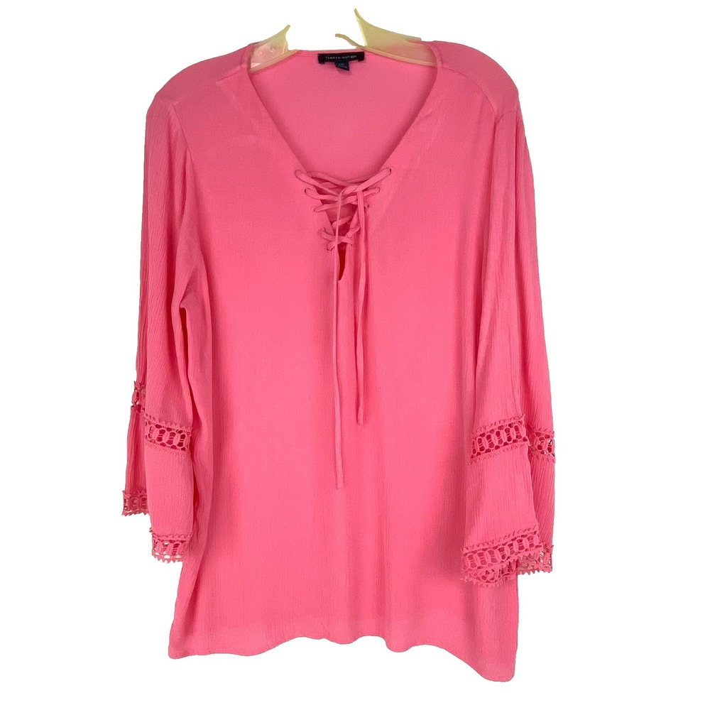 Tommy Hilfiger Tunic Shirt Women's L Rayon Long Sleeve Embroidered Blouse